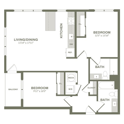 A floor plan of a small apartment with a living room, kitchen, two bedrooms, and two bathrooms.